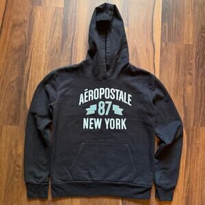 Aeropostale Hoodie Medium Black Pullover Sweatshirt Logo 87 New York Graphic Y2K